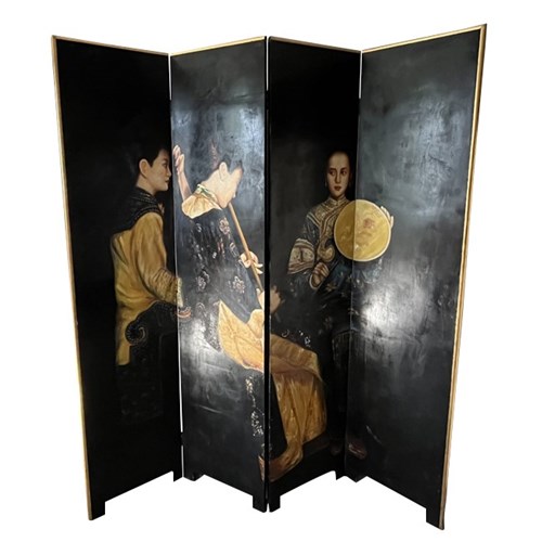 Chinoiserie Painted Four Panel Folding Screen