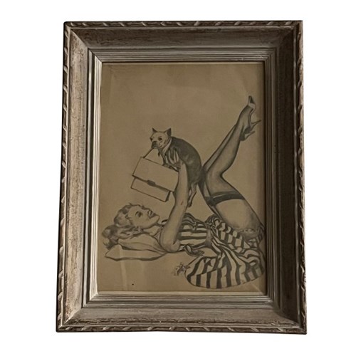 Framed Drawing Of A Pin Up Girl With A Pug Dog