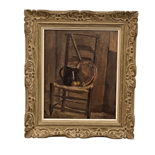 French Framed Still Life Painting 'Strawed Chair With Apples'