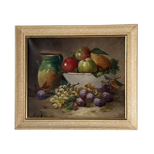 20Th Century French Framed Still Life Painting With Fruit And Pottery Cruche