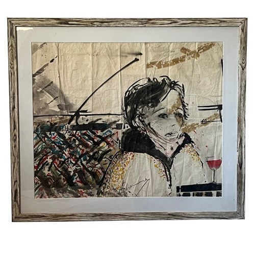 20Th Century Signed Modernist Painting 'Woman With Glass Of Red Wine'
