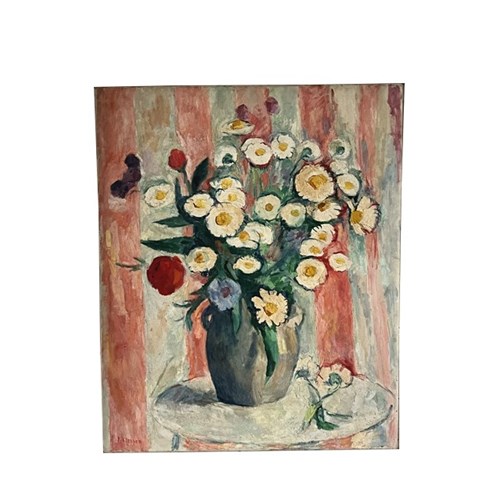 Mid-20Th Centuryfrench Still-Life Painting 'Bouquet Of Flowers In Confit Pot'