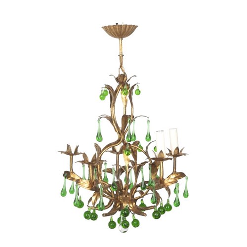 Gilt Metal Chandelier With Green Drops