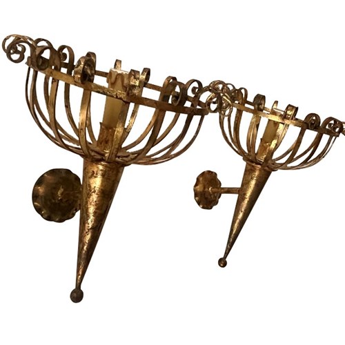 Pair Of 20Th Century Spanish Gilt Metal Torchere Wall Lights