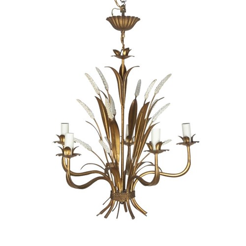 Mid-Century French Gilt Tole Wheat Sheaf Chandelier