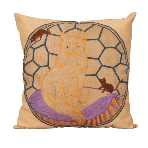 Mid-Century French Cat & Mice Embroidered Cushion