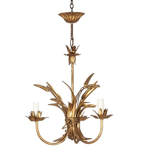 Mid-Century French Gilt Tole Wheat Sheaf Chandelier