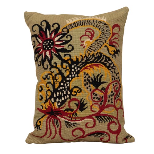 Mid-Century French Needlepoint Dragon Cushion