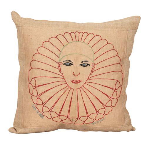 Mid-Century French Pierrot Embroidered Cushion