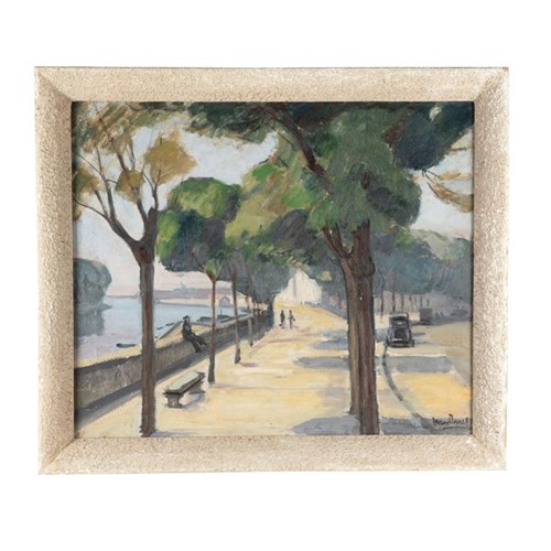 Mid Century Oil Painting 'Promenade Beneath Parasol Pines' By Jean Perret