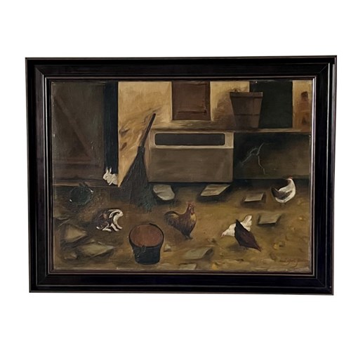 20Th Century French Oil On Board Painting 'Farmyard With Chicken And Rabbits'
