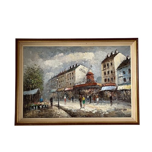 20Th Century French Framed Painting 'Parisian Street Scene With Moulin Rouge'