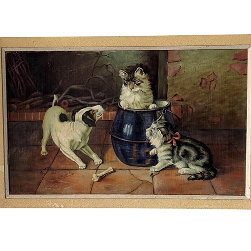 20Th Century French Oil Painting 'Jack Russell And Two Cats'