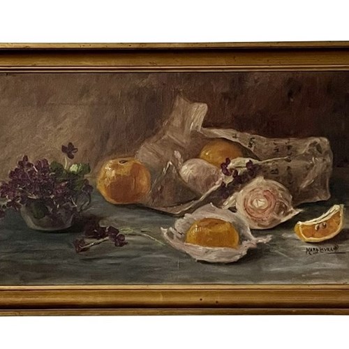 French Framed Framed Still-Life Painting 'Violets And Clementines'