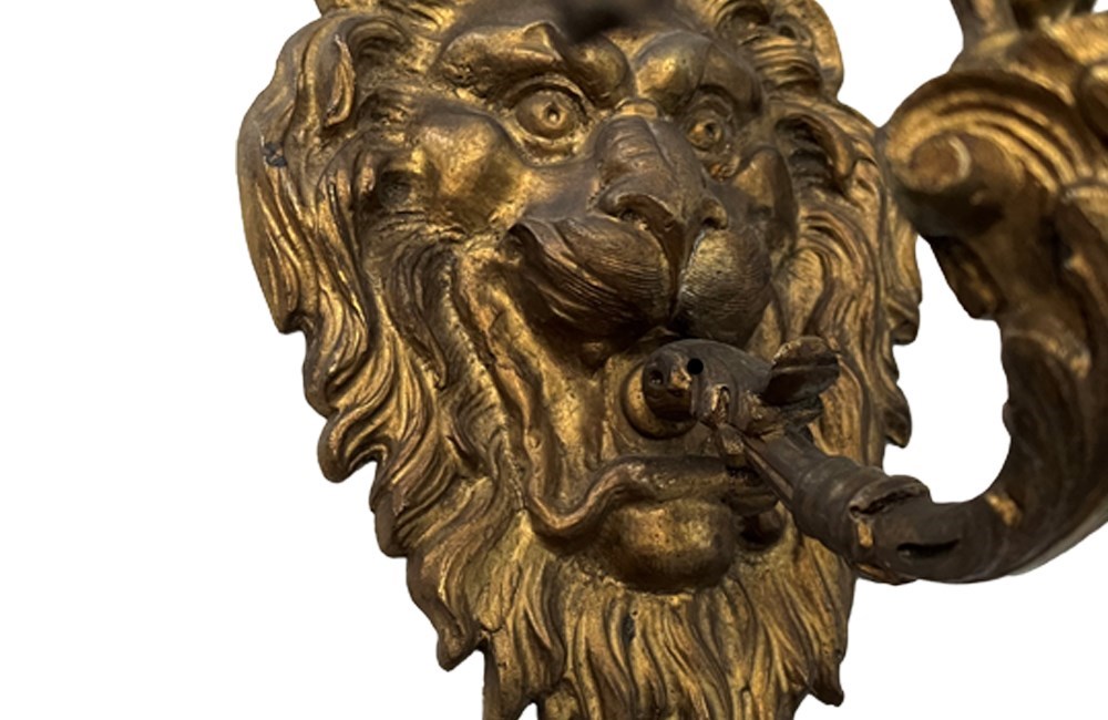 Pair Of 19Th Century Bronze Lions Head Wall Lights - The Hoarde Vintage