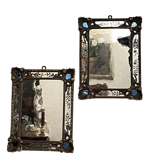 Pair Of Venetian Carved Wood & Verre Eglomise Mirrors