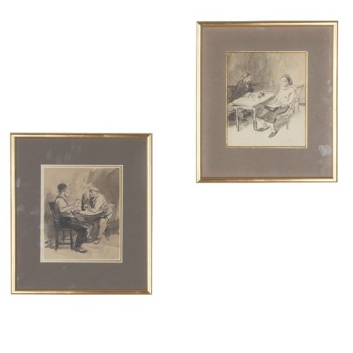 Pair Of 20Th Century Framed Drawings Of French Bistro Scenes