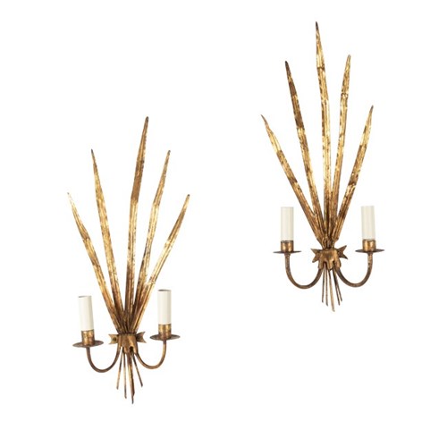 Pair Of Mid-Century Gilt Metal Reed Wall Lights