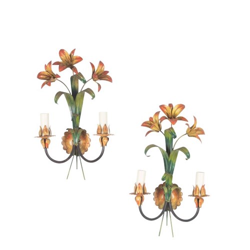 Pair Of French Tole Lily Wall Lights