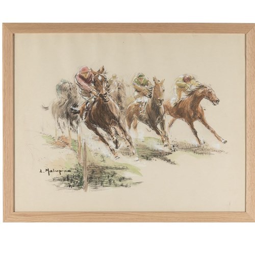 Mid-Century French Print 'Racing Horses On The Turn' After Louis-Ferdinand Males