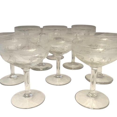 Set Of Ten French Etched Champagne Glasses