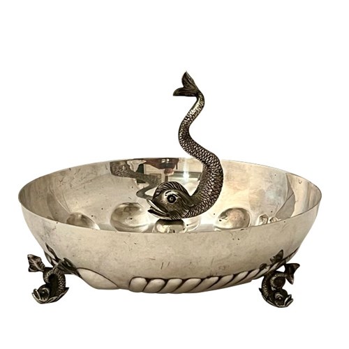 Silver Plate Raised Bowl With Dolphin Finial