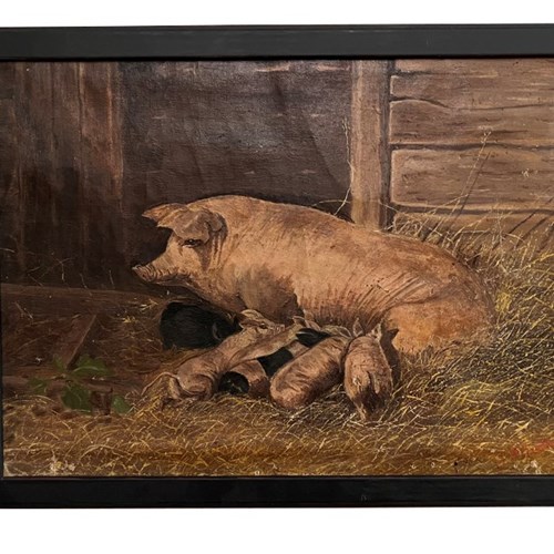 Small 19Th Century Painting 'Sow & Six Piglets'
