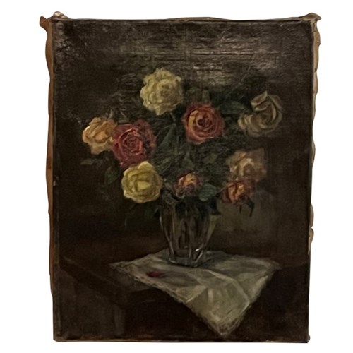 Still-Life Painting Of Roses In Glass Vase