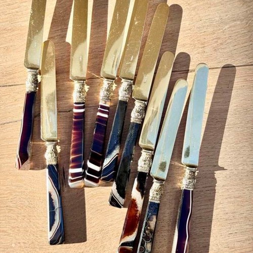 A Rare Collection of Georgian Silver-Gilt & Banded Agate Dessert Knives C1810