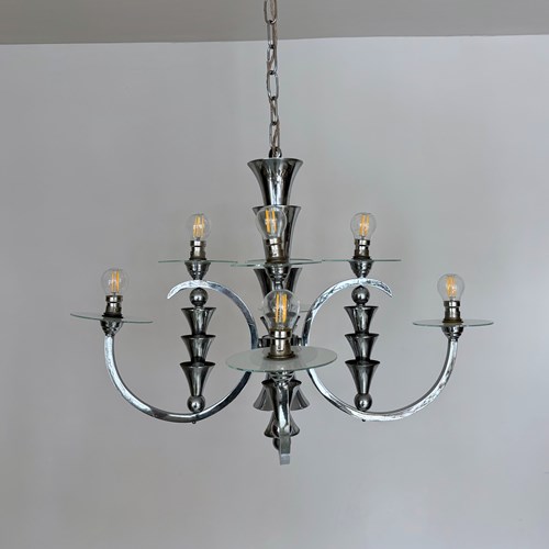 Art Deco Chrome Chandelier With Circular Glass Shades