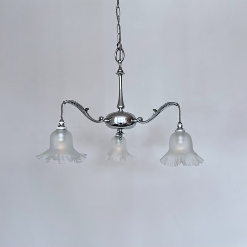 Art Deco Chromed Chandelier With Frosted Frill Shades