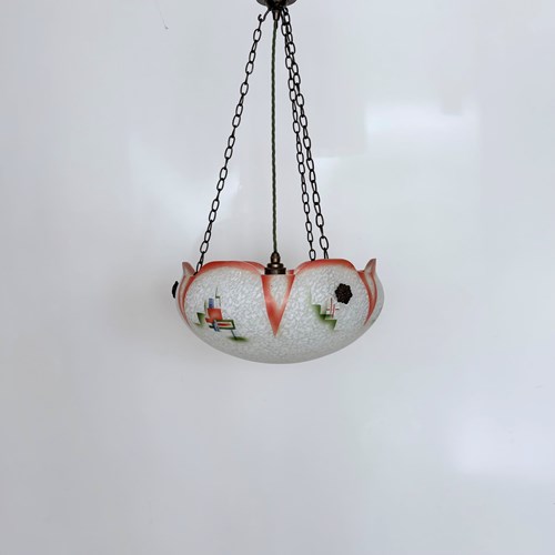 Art Deco White Glass Diffuser With Orange, Green And Blue Geometric Details