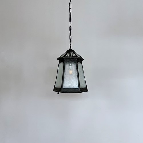 Black Hexagonal Lantern With Frosted And Clear Glass Panels