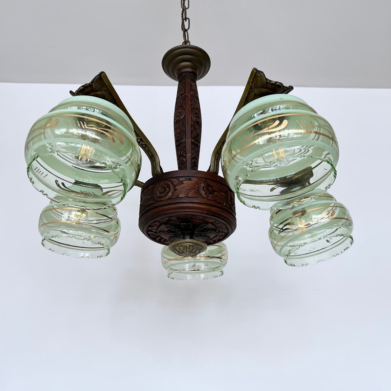 Carved Wooden Chandelier, Green Shades-agapanthus-interiors-carved-wooden-chandelier-with-brass-details-and-green-glass-shades-5-main-637909048906604355.jpg