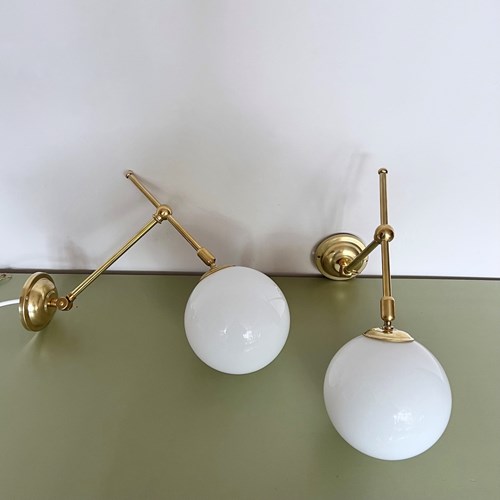 Contemporary Polished Brass Wall Lights With Opaline Globe Shades