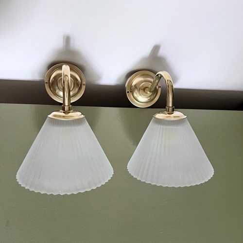 Contemporary Frosted Conical Polished Brass Swan Neck Wall Lights