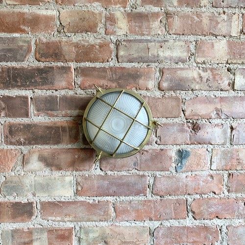 Contemporary Large Polished Brass Round Bulk Head Wall Light
