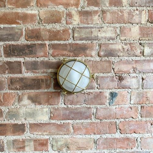 Contemporary Small Polished Brass Round Bulk Head Wall Light