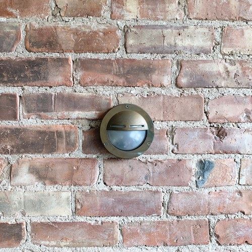 Contemporary Small Aged Brass Hooded Round Wall Lights