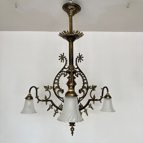 Decorative Brass Chandelier With Frosted Fluted Shades