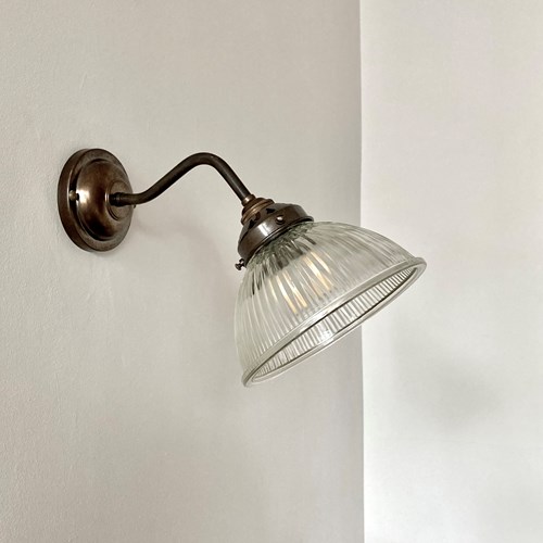 Newly Made Antique Brass Swan Neck Wall Lights With Domed Ribbed Glass Shade