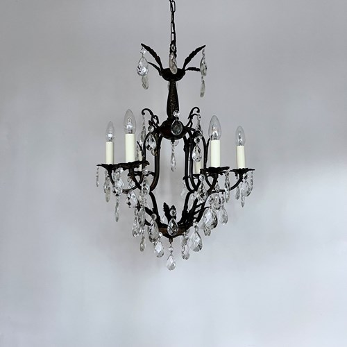 French Brass Birdcage Chandelier With Harlequin Glass Pear Drops