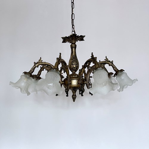 French Brass Chandelier With Frosted Tulip Glass Shades