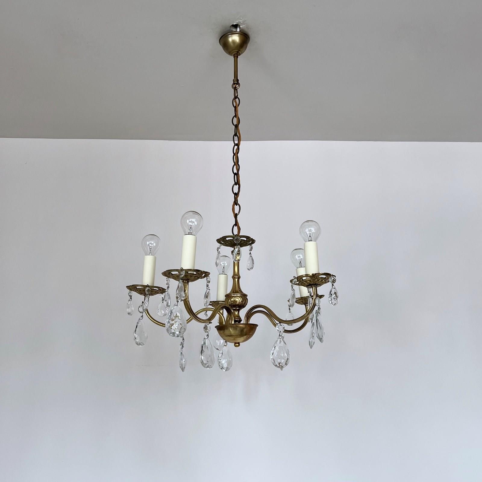 5-arm cast brass chandelier with cut crystal drops