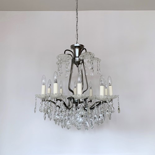 French Chromed Chandelier, Frosted Bobéche Pans