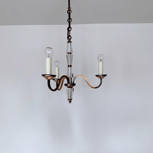 French Copper and Crystal Three Arm Chandelier 