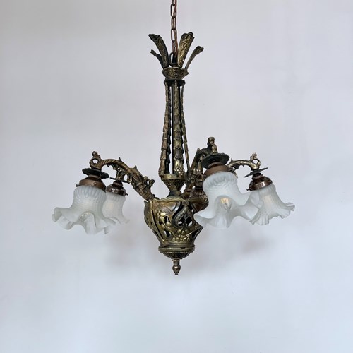 French Downlighter Chandelier With Frosted Tulip Shades