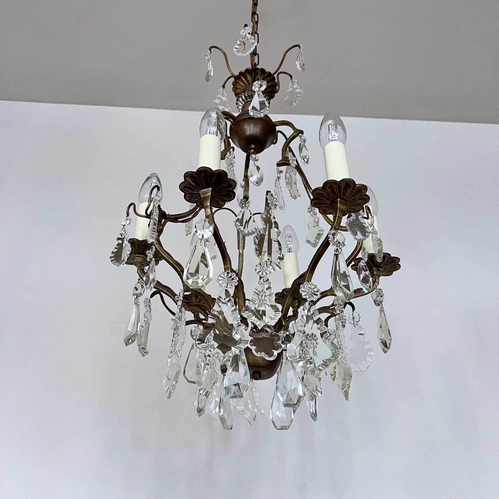 French Gilt Brass Chandelier with Crystal Drops - The Hoarde Vintage