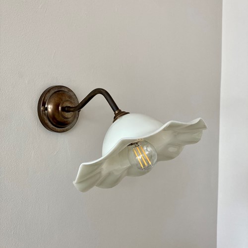 Newly Made Antique Brass Swan Neck Wall Lights With Milk Glass Scalloped Edge Sh