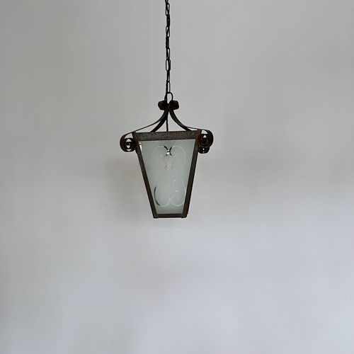 French Wrought Iron Lantern With Etched Frosted Glass